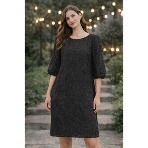 Taifun Black Textured 3D Lace Puff Sleeve Shift Dress 381311-16112-1100 US 8